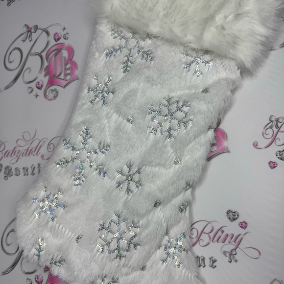 Stocking sparkly snow flakes holographic sequins furry white hanging Christmas - Picture 2 of 6